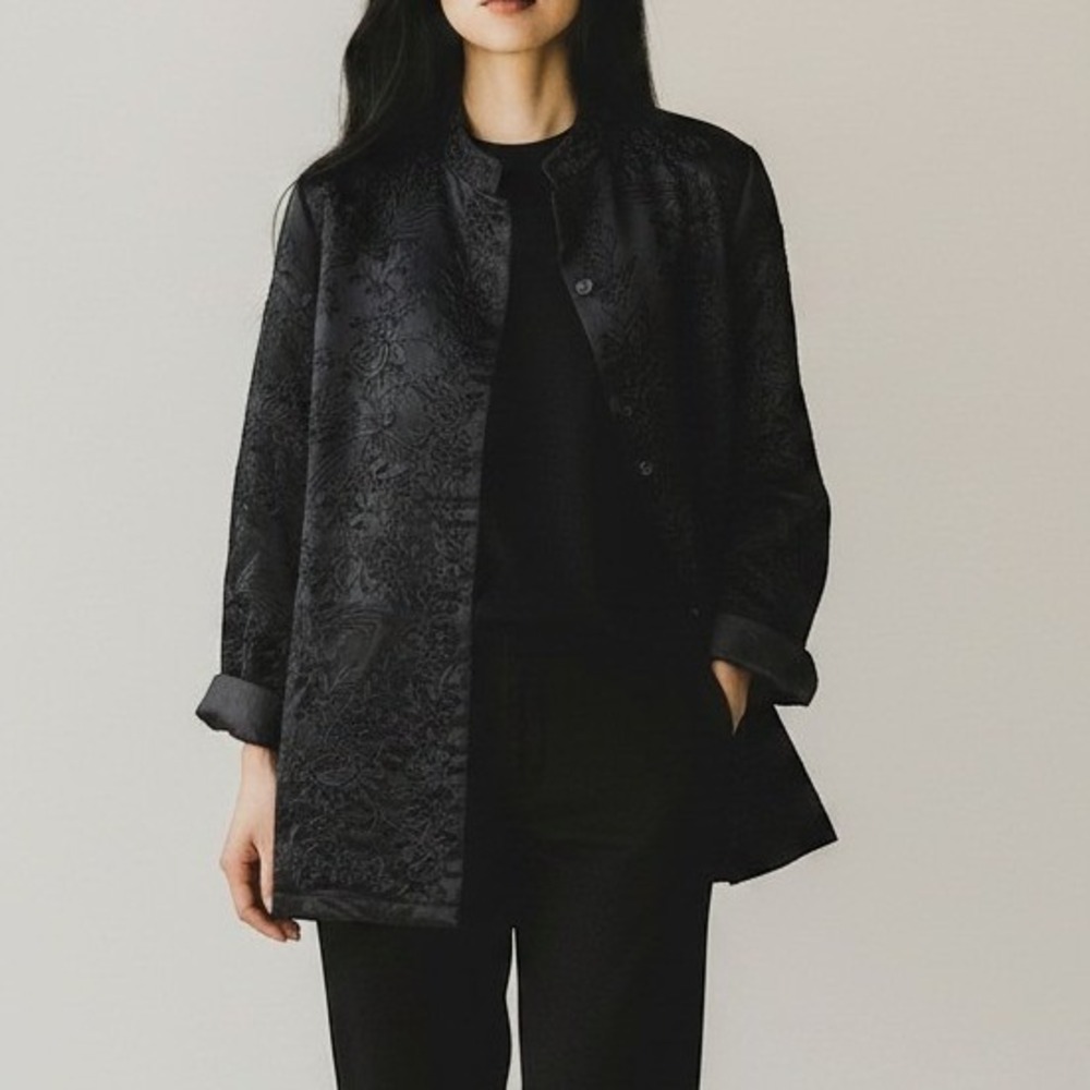 Chico's Black Silk Chinoiserie Embroidered Kimono Blazer Jacket Quiet Luxury XL - Picture 11 of 13